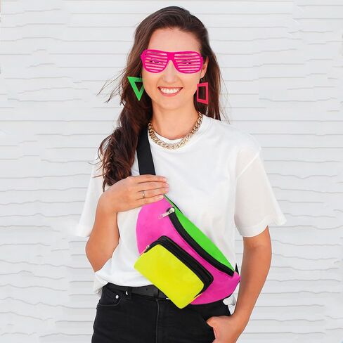 YAROMO 80s Outfit for Women, 80's Fanny Pack Glasses Hairband Fishnet Gloves Bracelet Earrings Necklace Neon Shorts Slouch Socks in Kuwait