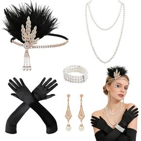 5Pcs 1920s Accessories for Women, Vintage Flapper Accessories with Headband Pearl Bracelet Necklaces Earrings Gloves, Roaring 20s Costume for Women Vintage Cosplay Party Nights Black in Saudi Arabia