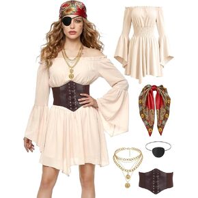 5Pcs Pirate Women Costume Set Renaissance Dress for Women with Corset Skirt Top & Accessories for Halloween Cosplay in Saudi Arabia