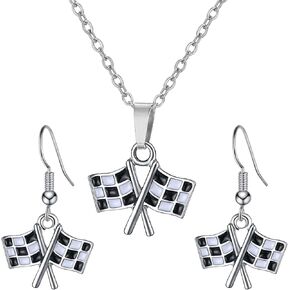 2Pcs Checkered Flag Earrings Necklace Set for Women, Black and White Checkered Earrings Racing Flags Earrings Necklace, Racing Day Race Car Driver Accessories Jewelry Gifts for Fans Costume in Saudi Arabia