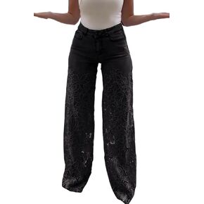 Women's Lace Patchwork Jeans High Waisted Straight Wide Leg Hollow Out Sheer Flower Baggy Stetch Denim Pants in Saudi Arabia