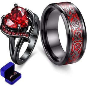 Huwena 2 Pcs Matching Ring for Couple, Stainless Steel Couples Rings Set, Matching Gothic Ring for Him and Her, Red Heart Cubic Zirconia Engagement Wedding Rings in Saudi Arabia