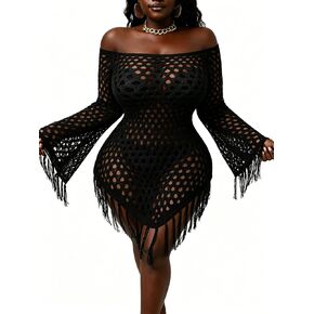 Bathing Suit Cover Up for Women Summer Beach Crochet Mesh Knit Hollow Out Off The Shoulder Swim Swimsuit Bikini Dress in Saudi Arabia