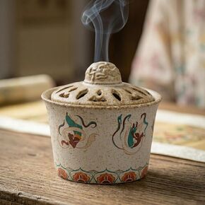 Handmade Dunhuang Flying Apsaras Incense Burner,Ceramic Censer 4.5" x 4.5" x 3.9" – Grit Texture & Kiln-Change Glaze – Chinese Buddhist Decor for Meditation in Saudi Arabia