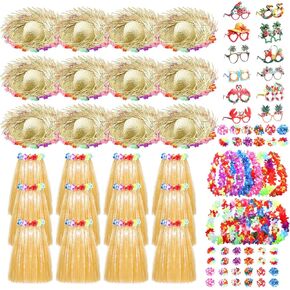 84 Pcs Hawaiian Luau Party Decorations Puerto Rico Straw Hats Hula Skirts Leis Necklaces and Glasses for Beach Party in Saudi Arabia