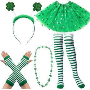 St Patricks Day Costume Set for Women,4 Pcs Leprechaun Outfit with Shamrock Headband,Sequin 3 Layered Tulle Tutu Skirt,Arm Warmer Gloves,Striped Socks&Clover Necklace - St. Patrick's Day Accessories in Saudi Arabia