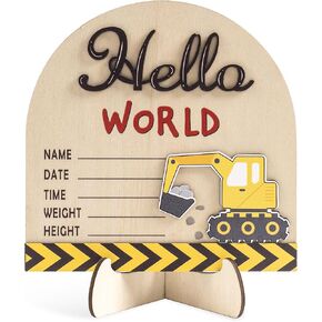Baby Boy Announcement Sign, 3D Excavator Wooden Hello World Newborn Sign with Stand, Construction Decor Nursery Name Board, Welcome Birth Decorations for Hospital Baby Shower Photo Prop Gift in Saudi Arabia