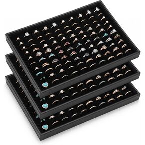 Professional 100-Slot Ring Tray, 3-Piece Stackable Jewelry Display for Vendors - Velvet Lined Organizer with Removable Pads for Earrings & Cufflinks, Black (13.8" x 9.4" x 1.4") in Saudi Arabia