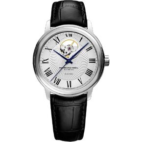 Raymond Weil Men's Maestro Stainless Steel Swiss-Automatic Watch with Leather Calfskin Strap, Black, 20 (Model: 2227-STC-00659), Silver in Saudi Arabia