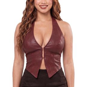 Women's Sexy PU Leather Halter Vest Top - Deep V Neck Asymmetrical Hem Corset Style Crop Tank for Party Club Festival in Saudi Arabia