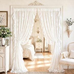 2 Pcs 55 x 80 Inch Lace Ruffle Doorway Curtains Vintage Ruffled Countryside Lace Closet Curtains White Room Divider Door Rod for Bedroom Living Room Closet Door Decor in Saudi Arabia