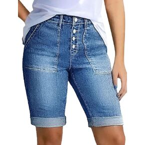 Flamingals High Waisted Denim Bermuda Shorts for Women Knee Length Button Fly Roll Hem Stretchy Jean Shorts Summer Casual in Kuwait