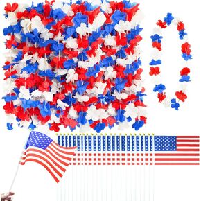 Decodinli 40 PCS Patriotic Leis and American Flags 4th of July Leis Red White and Blue Flower Leis 4th of July Accessories Red White and Blue Necklace Decorations Independence Day Party Favors in Saudi Arabia