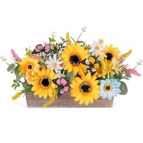 Summer Sunflower Table Centerpieces Rustic Artificial Floral Arrangements Wooden Crate, Rectangular Wooden Planter with Yellow Sunflowers for Tiered Tray Shelf Table Home Farmhouse Decor in Saudi Arabia
