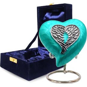 NORSE'S TRADECRAFT Heart Mini Urn for Ashes Adult Male, Female, Metal, Sea Green with Angel Wing Design, Memorial Gifts with Velvet Box, Handcrafted Cremation Urns for Human Ashes and Pet, 3 cu in in Saudi Arabia