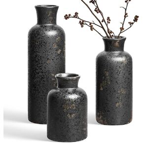 LE TAUCI Ceramic Vase Set of 3, Black Speckled Flower Vases for Fresh or Dried Flowers, Modern Farmhouse Home Decor for Coffee Table, Mantel, Shelf, Entryway, Distressed Iron Black in Saudi Arabia