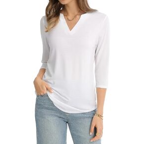 QUALFORT Women’s 3/4 Sleeve Tops Notch V-Neck Tunic T Shirt Curved Hem Relaxed Fit Blouse Summer 2026 in Saudi Arabia