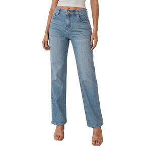 Women's Straight Leg Jeans Stretchy Flex Denim Mid Waist Pants Trendy Casual Loose Fit Trouser with Pockets in Saudi Arabia