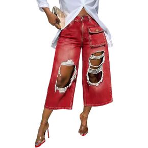 Baggy High Waisted Ripped Jeans for Women Casual Wide Leg Distressed Capri Pants Streetwear with Pockets in Kuwait