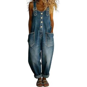Denim Jumpsuit for Women Adjustable Strap Loose Denim Bib Overalls Y2k Baggy Jean Wide Leg Jumpsuits Casual Romper in Saudi Arabia