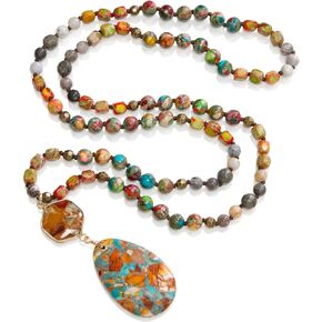 Gmai Boho Necklace for Women Long Beaded Pendant Necklace Natural Stone Teardrop pendant Jewelry Festival Vacation Gift Everyday Handmade Unique Statement Necklace in Saudi Arabia