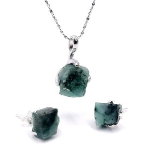 Natural raw emerald jewelry set, with 925 sterling silver and white gold plated chain pendant and stud post, May birthstone dainty necklace gift for her, uniquelan jewelry in Saudi Arabia