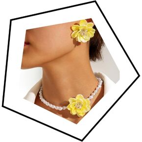 Large Flower Necklace Earrings Set for Women Camellia Pearl Choker Necklace Earring Set Boho Colorful Flower Statement Necklace Earrings Set Wedding Party Holiday Jewelry in Saudi Arabia