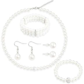 5Pcs Faux Pearl Jewelry Set for Women Adult Pearls Costume Jewelry Simulated Rhinestone Necklace Earrings Bracelet Set for Wedding Mother's Day Bridal Shower Party Accessories in Saudi Arabia