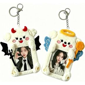 Photocard Holder, 2 Pack Angel & Devil Puppy Pair, Plush Photo Card Keychain, Clear Protective Sleeve, 3 Inch Size, Dual Hanging Clasps for Kpop Fans Backpack Charm Gift Concert in Saudi Arabia