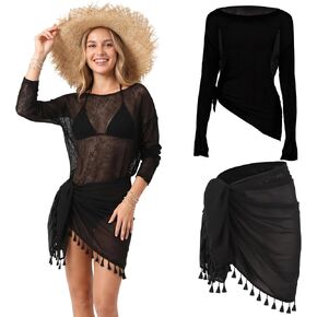 Women's 2 Piece Sheer Mesh Beach Cover Up Set - Sexy Sheer Bathing Suit Cover Outfit with Short Tassel Chiffon Sarong Swimsuit Wrap Skirt for Beachwear Vacation in Saudi Arabia