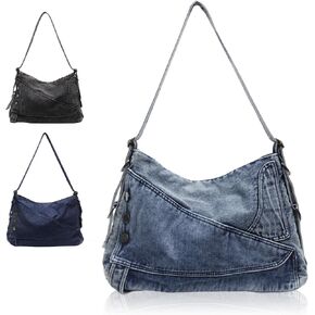 Women's Denim Shoulder Bag, Vintage Crossbody Tote, Large Capacity, 14.6 x 10.6 x 3.9 Inches, Black, Dark Blue, Light Blue | Large Capacity in Saudi Arabia