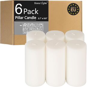 HomeLights Pillar Candles - 2.7x6 inch | 60 Hours Burning, 6 Count - White Unscented Smokeless European Pillar Candles - Perfect for Wedding, Parties, Spas, Home Gatherings and Dinner in Saudi Arabia