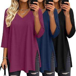 3 Pack Women's 3/4 Sleeve Oversized T-Shirts V Neck Comfy Casual Tunic Tops Knit Side Basic Split Loose Fit Tees in Kuwait