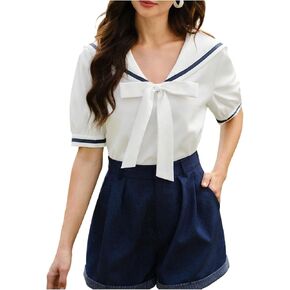 Floerns Women's Short Sleeve Bowknot Sailor Collar Shirt Summer Dressy Casual Blouse Tops in Saudi Arabia