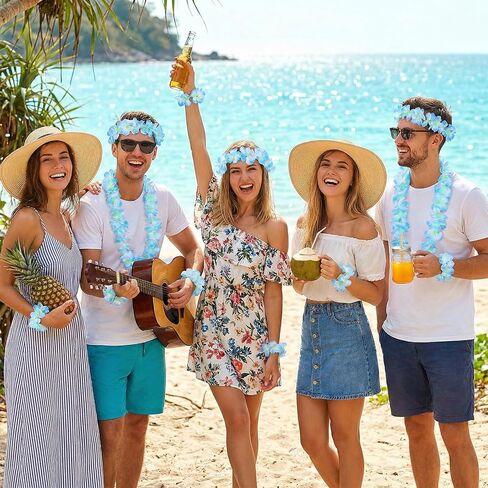 Hawaiian Leis Set, Blue Accessories for Hawaiian Party Decorations, Adults Flower Necklace, Bulk Leis for Women in Saudi Arabia