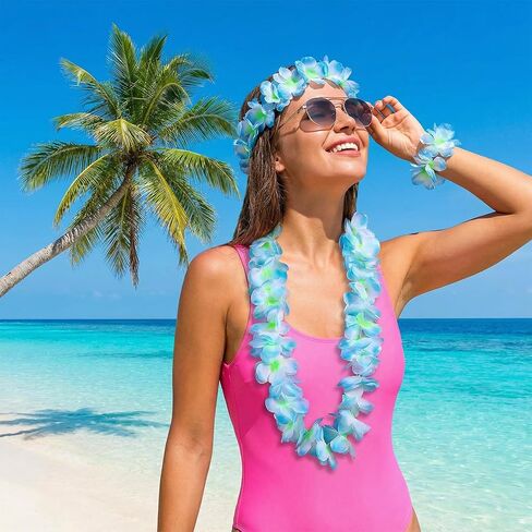 Hawaiian Leis Set, Blue Accessories for Hawaiian Party Decorations, Adults Flower Necklace, Bulk Leis for Women in Saudi Arabia
