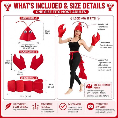 Lobster Crawfish Costume Set with Hat, Claws and Tail, One Size | Funny Lobster Crawfish Accessories Set for Teens and Adults, Halloween Parties, Seafood Festivals, Parades and Themed Events in Saudi Arabia