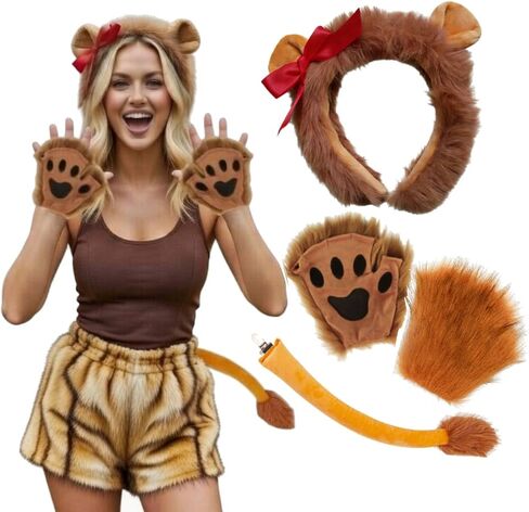 Kirei Sui 4-Piece Lion Ears Headband, Tail and Paws Costume for Halloween Party Accessories in Saudi Arabia