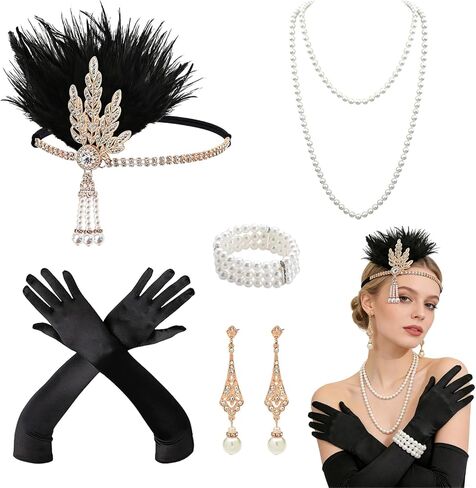 5Pcs 1920s Accessories for Women, Vintage Flapper Accessories with Headband Pearl Bracelet Necklaces Earrings Gloves, Roaring 20s Costume for Women Vintage Cosplay Party Nights Black in Saudi Arabia