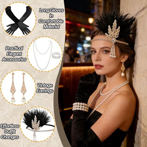 5Pcs 1920s Accessories for Women, Vintage Flapper Accessories with Headband Pearl Bracelet Necklaces Earrings Gloves, Roaring 20s Costume for Women Vintage Cosplay Party Nights Black in Saudi Arabia