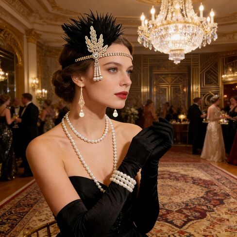 5Pcs 1920s Accessories for Women, Vintage Flapper Accessories with Headband Pearl Bracelet Necklaces Earrings Gloves, Roaring 20s Costume for Women Vintage Cosplay Party Nights Black in Saudi Arabia