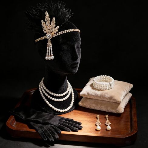 5Pcs 1920s Accessories for Women, Vintage Flapper Accessories with Headband Pearl Bracelet Necklaces Earrings Gloves, Roaring 20s Costume for Women Vintage Cosplay Party Nights Black in Saudi Arabia