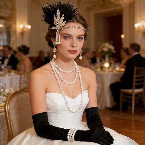 5Pcs 1920s Accessories for Women, Vintage Flapper Accessories with Headband Pearl Bracelet Necklaces Earrings Gloves, Roaring 20s Costume for Women Vintage Cosplay Party Nights Black in Saudi Arabia