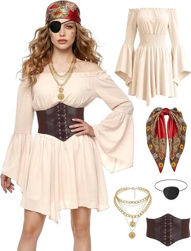 5Pcs Pirate Women Costume Set Renaissance Dress for Women with Corset Skirt Top & Accessories for Halloween Cosplay in Saudi Arabia