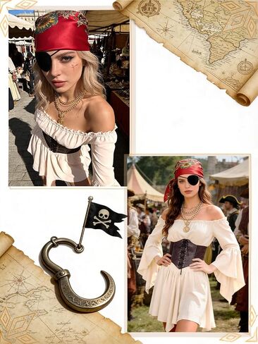 5Pcs Pirate Women Costume Set Renaissance Dress for Women with Corset Skirt Top & Accessories for Halloween Cosplay in Saudi Arabia