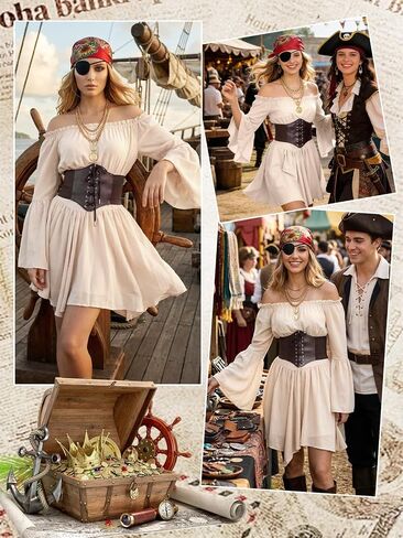 5Pcs Pirate Women Costume Set Renaissance Dress for Women with Corset Skirt Top & Accessories for Halloween Cosplay in Saudi Arabia