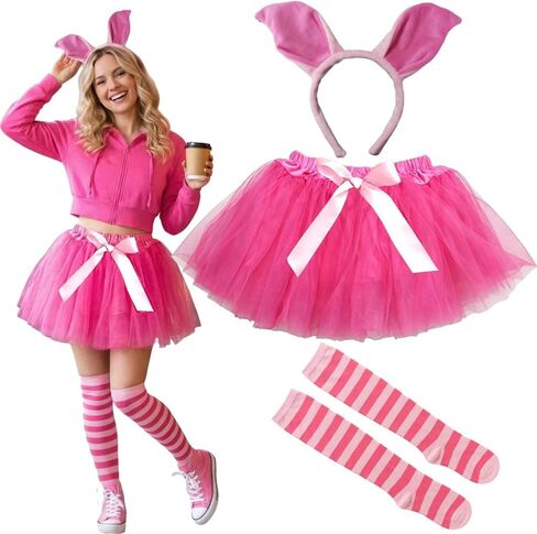 Kirei Sui Hot Pink Pig Costume for Women, Cute Ears Headband, Striped Socks & Tutu for Halloween Accessories in Saudi Arabia