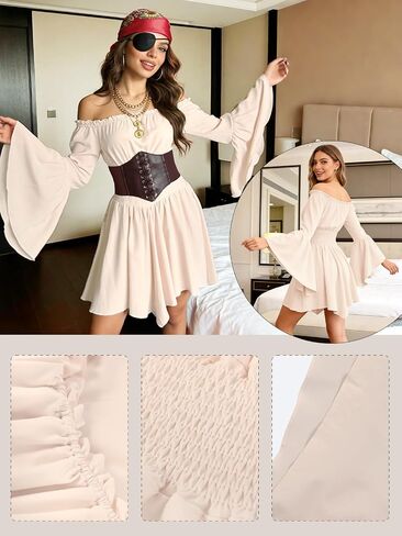 5Pcs Pirate Women Costume Set Renaissance Dress for Women with Corset Skirt Top & Accessories for Halloween Cosplay in Saudi Arabia