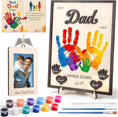 Miucat 12'' Fathers Day Crafts Gifts from Kids, Personalized DIY Best Dad Ever Hands Down Gift Art Craft Frame with Paints, Family Keepsake for Daddy, Papa with Kids Names in Kuwait