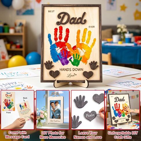 Miucat 12'' Fathers Day Crafts Gifts from Kids, Personalized DIY Best Dad Ever Hands Down Gift Art Craft Frame with Paints, Family Keepsake for Daddy, Papa with Kids Names in Kuwait